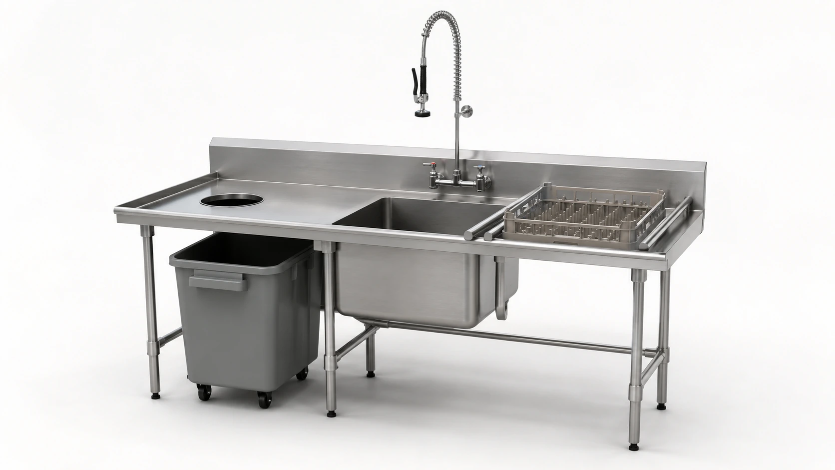 Commercial Dish Tables and Sorting Equipment including a soiled dish table with pre-rinse sink scrap hole waste bin and rack guide