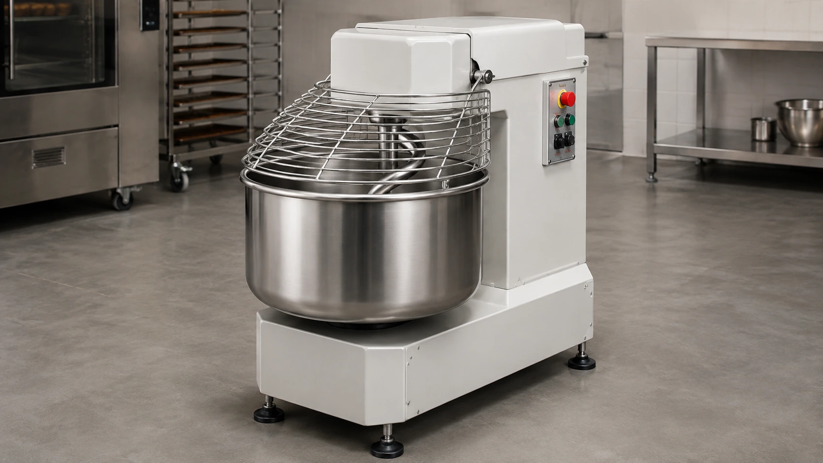 Commercial spiral dough mixer with stainless steel bowl and safety guard