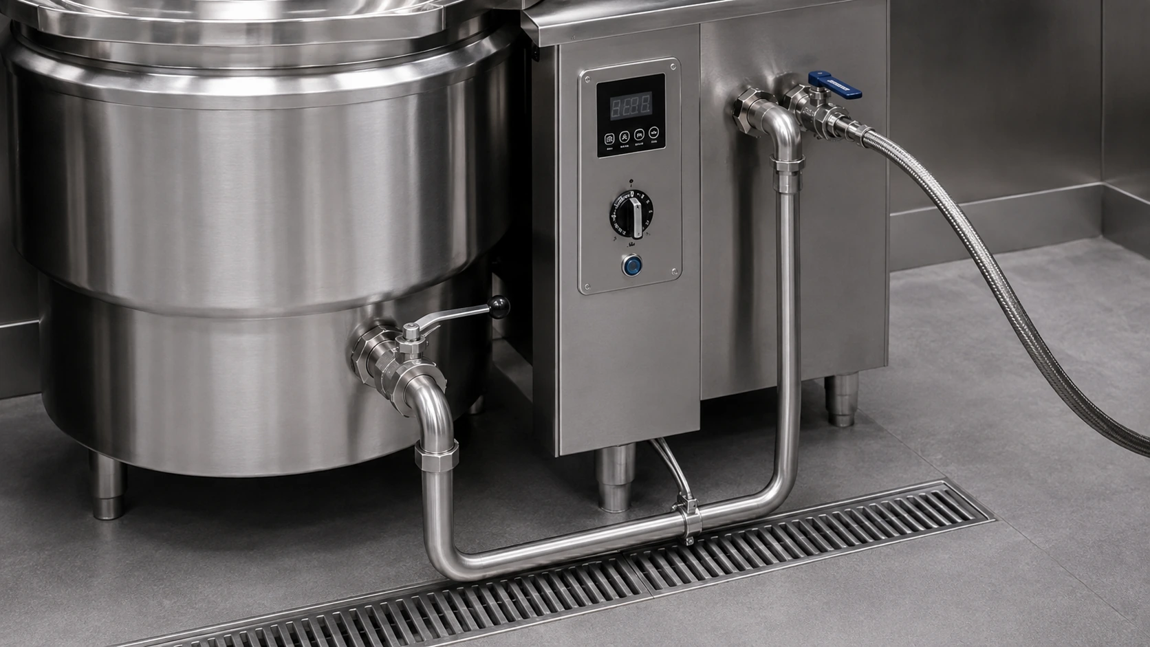 Commercial steamer controls, water inlet, drain valve and floor drainage details