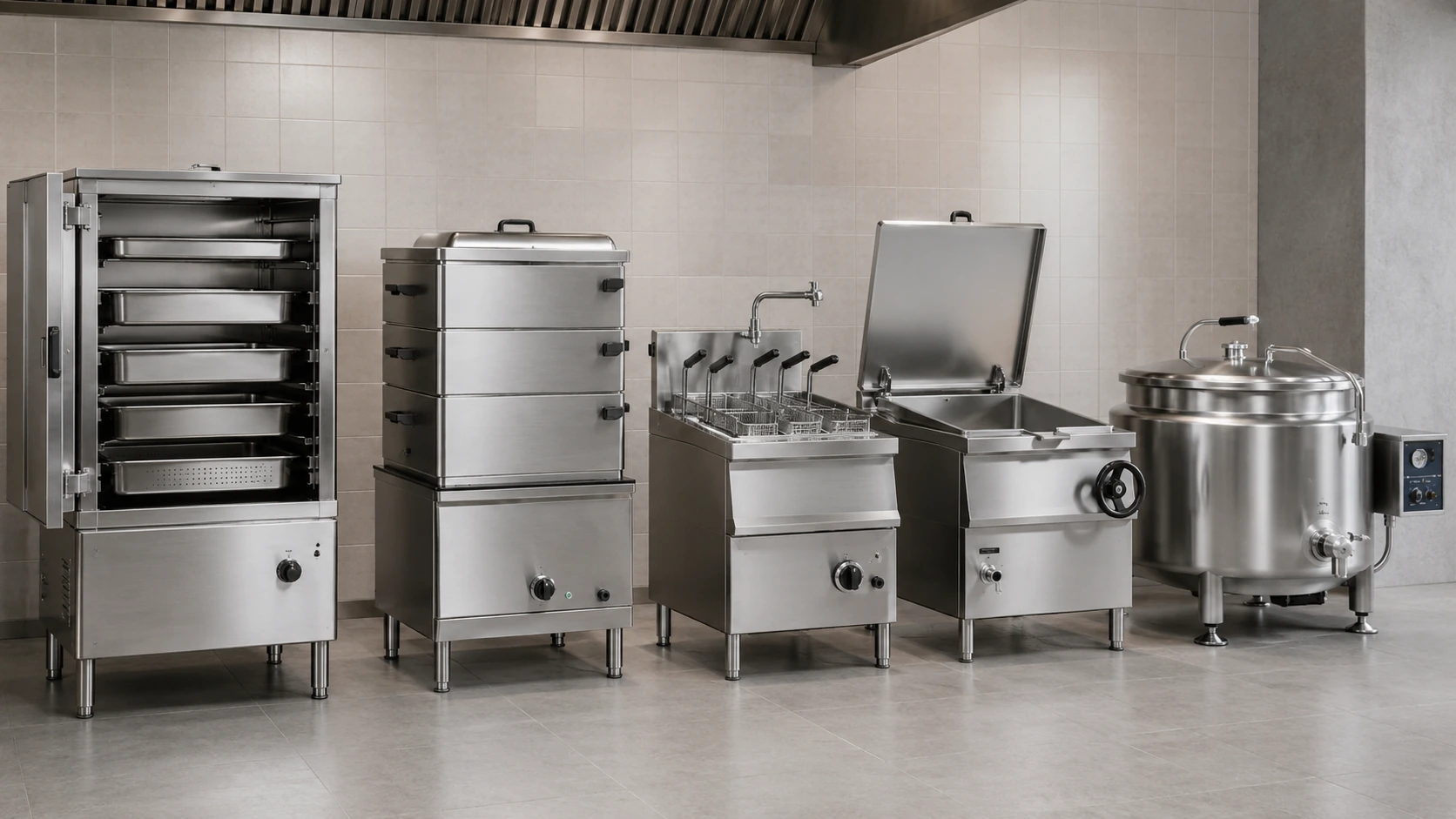 Commercial steaming and boiling equipment range including steam cabinets, pasta cookers and kettles