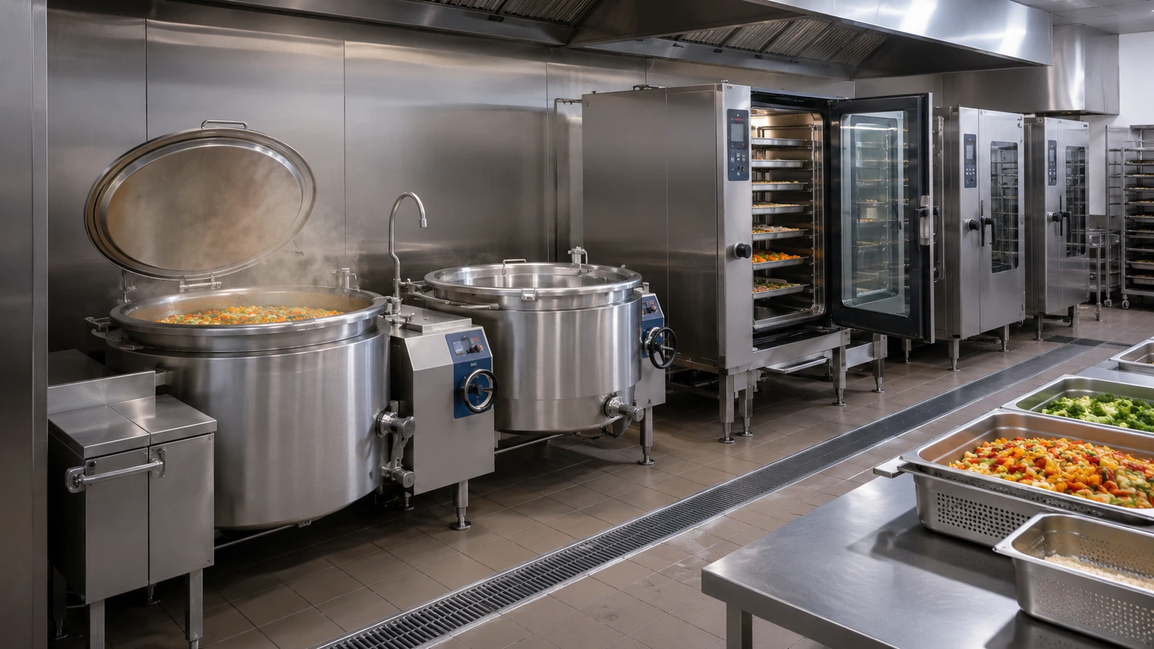 Commercial steaming and boiling equipment installed in a central kitchen