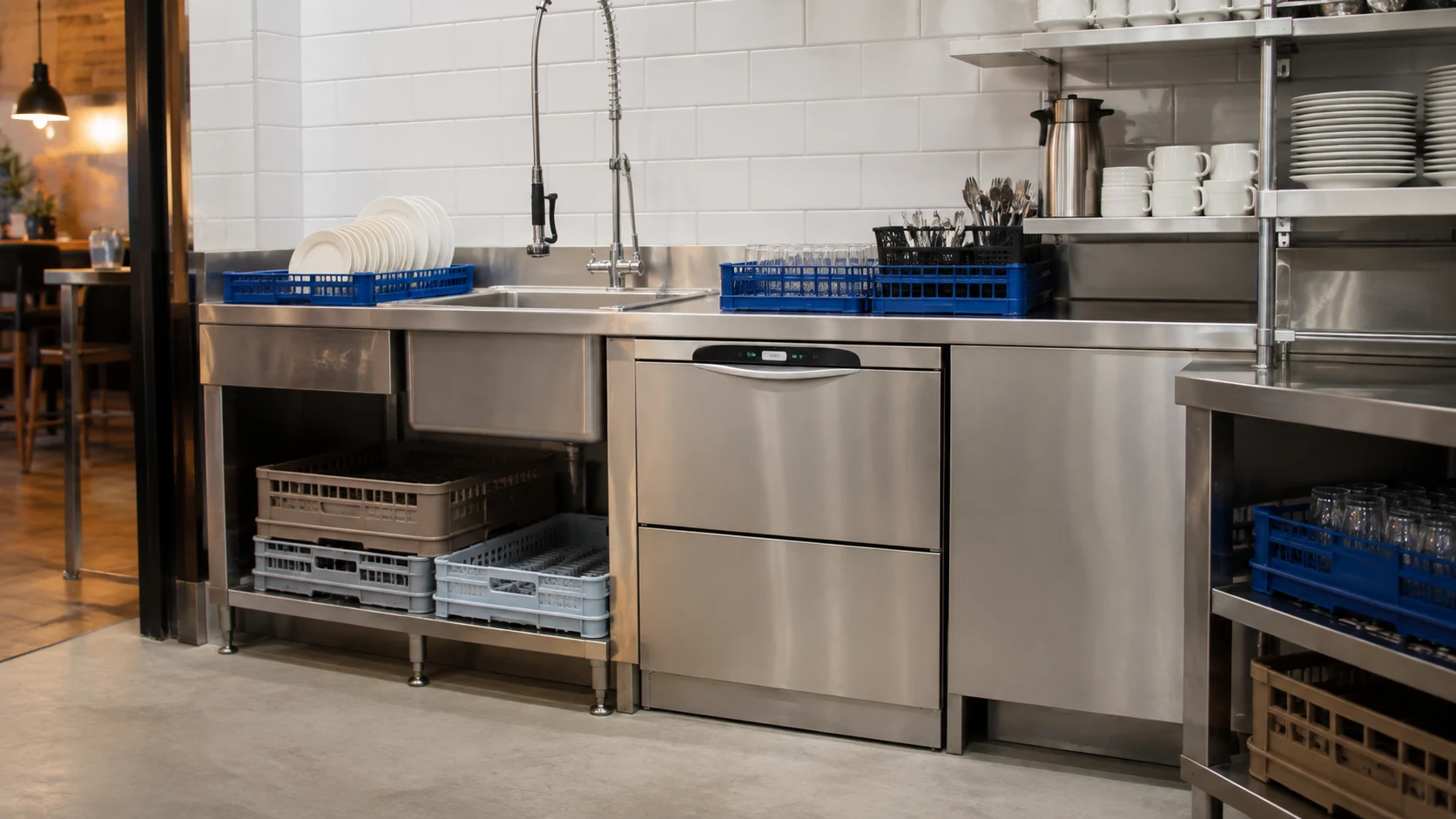 commercial undercounter dishwashers used in a compact café dishwashing station