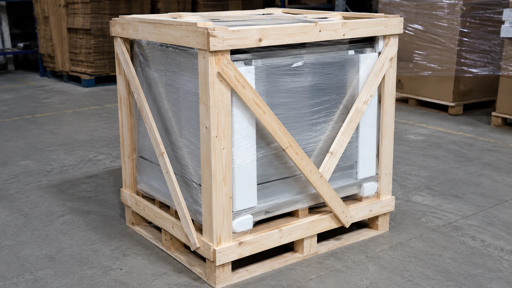 commercial undercounter dishwasher protected in a wooden export frame with diagonal bracing