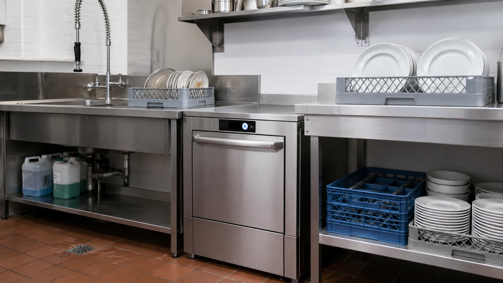 commercial undercounter dishwashers installed in a compact restaurant dishwashing area
