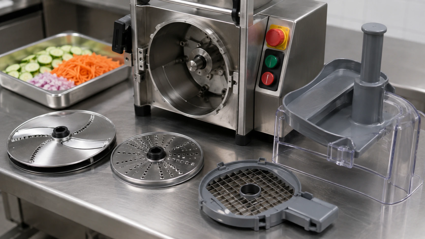 Commercial vegetable preparation equipment cutting discs dicing grids safety controls and removable cleaning parts