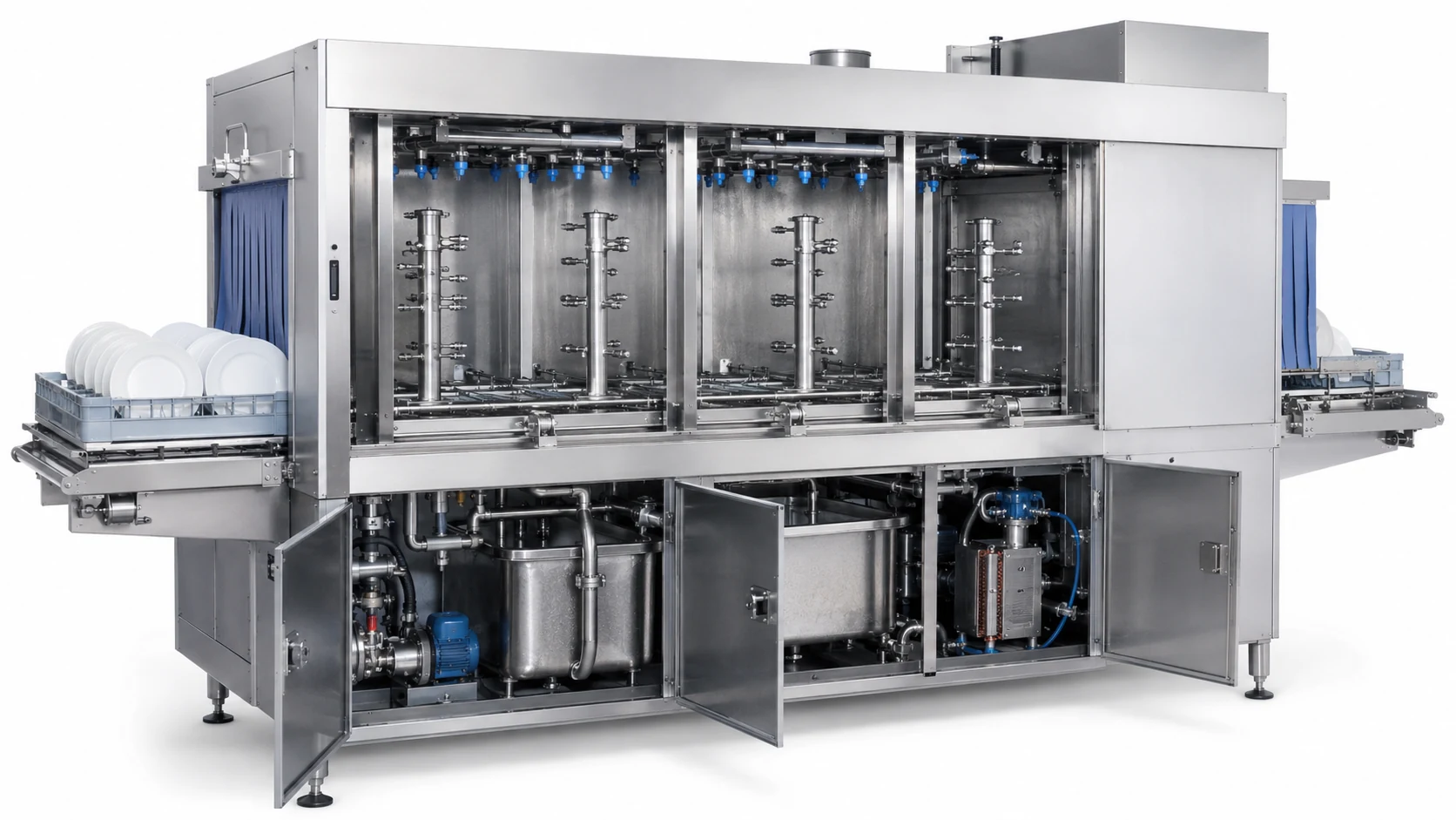 commercial conveyor dishwasher internal pre-wash main-wash and rinse spray zones