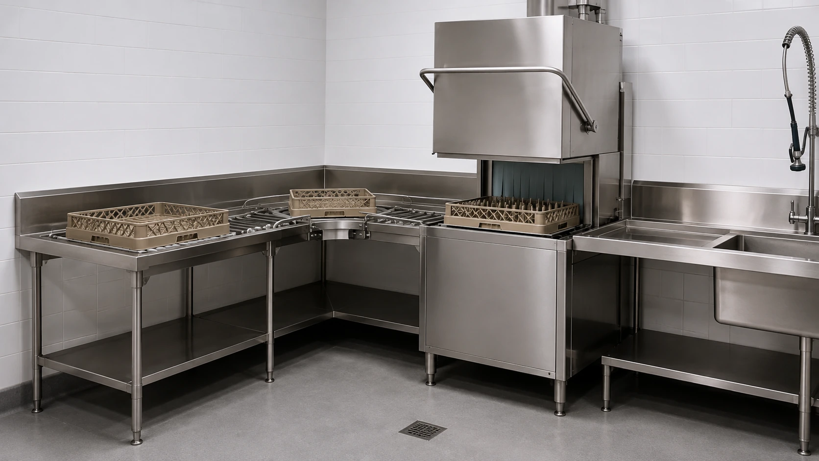 Corner commercial dishwasher table system with curved roller transfer section and complete rack turning path