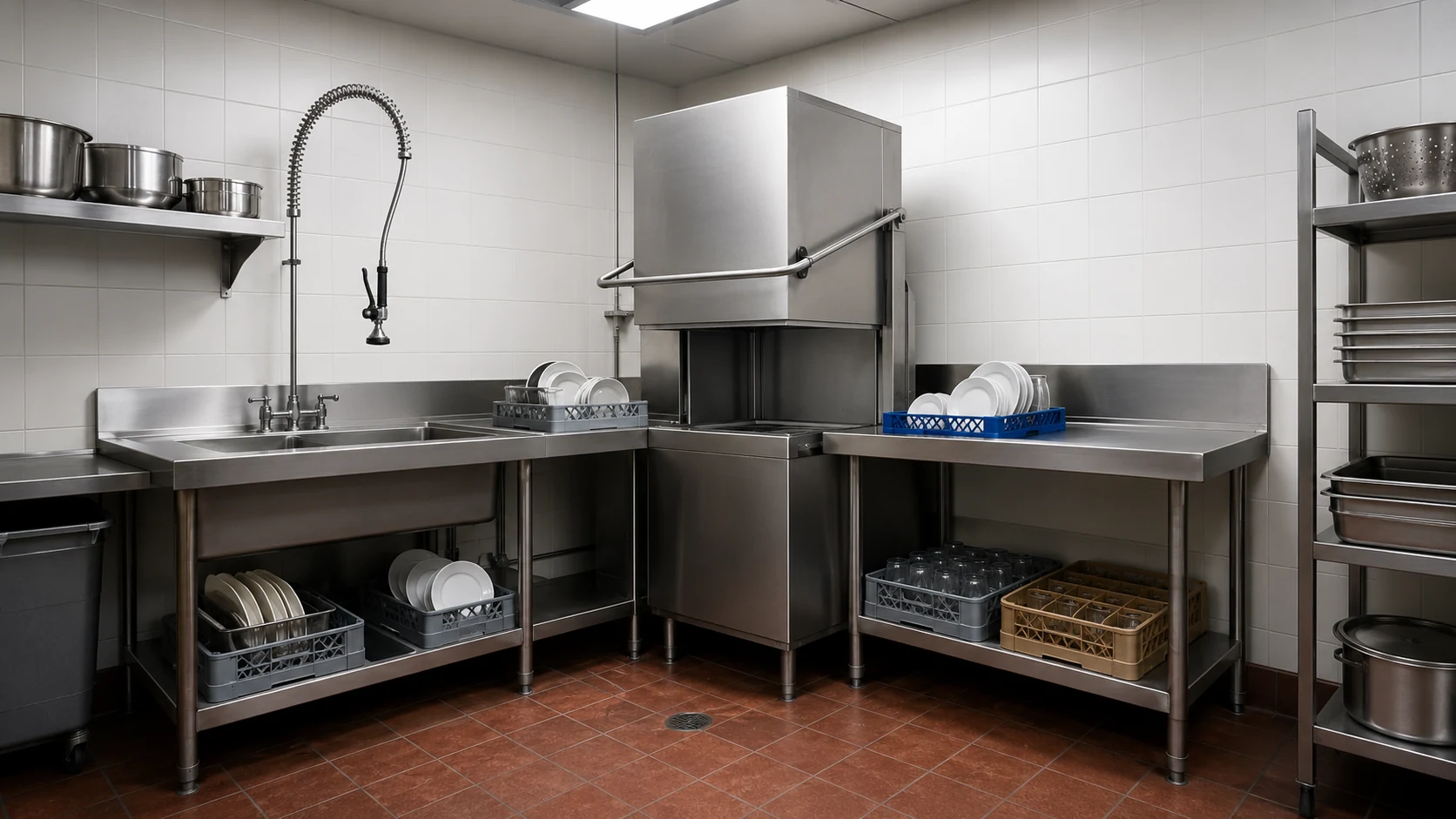 corner installation commercial hood type dishwasher with pre-rinse sink and ninety-degree rack movement