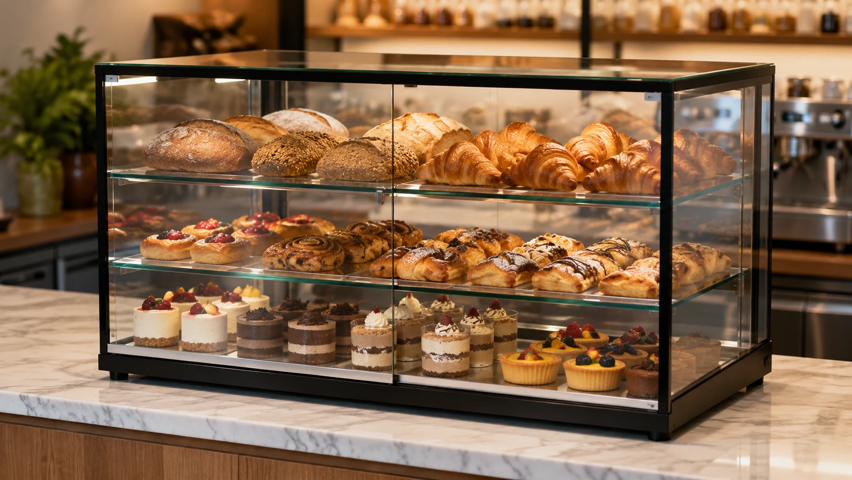 countertop commercial bakery display equipment for pastries and bread