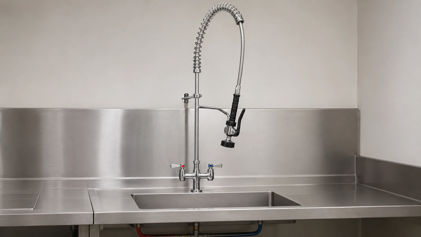 Deck mounted commercial pre-rinse unit installed on a stainless steel sink table