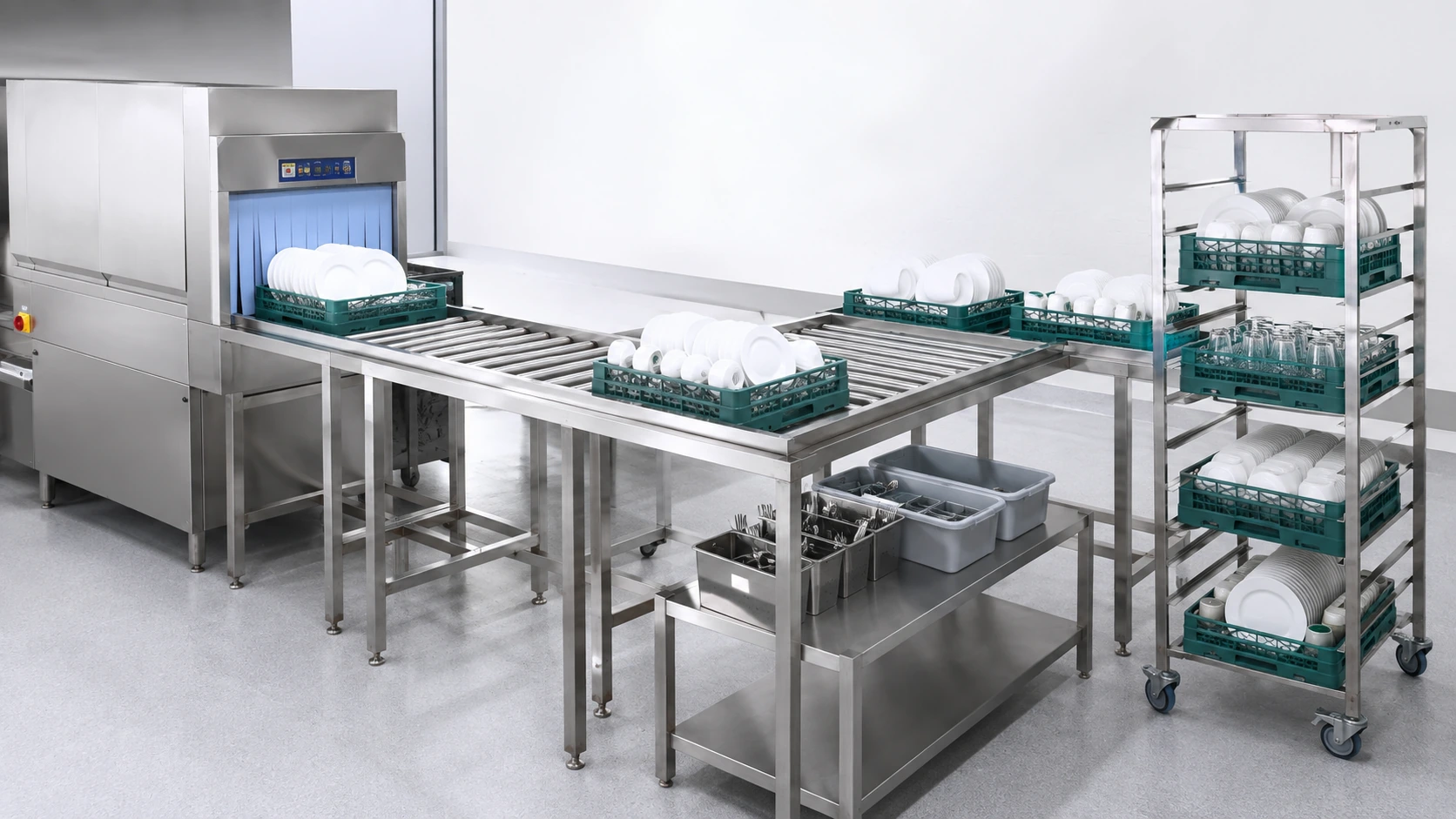 Complete commercial dish rack conveyor table sorting accessories and clean rack trolley system