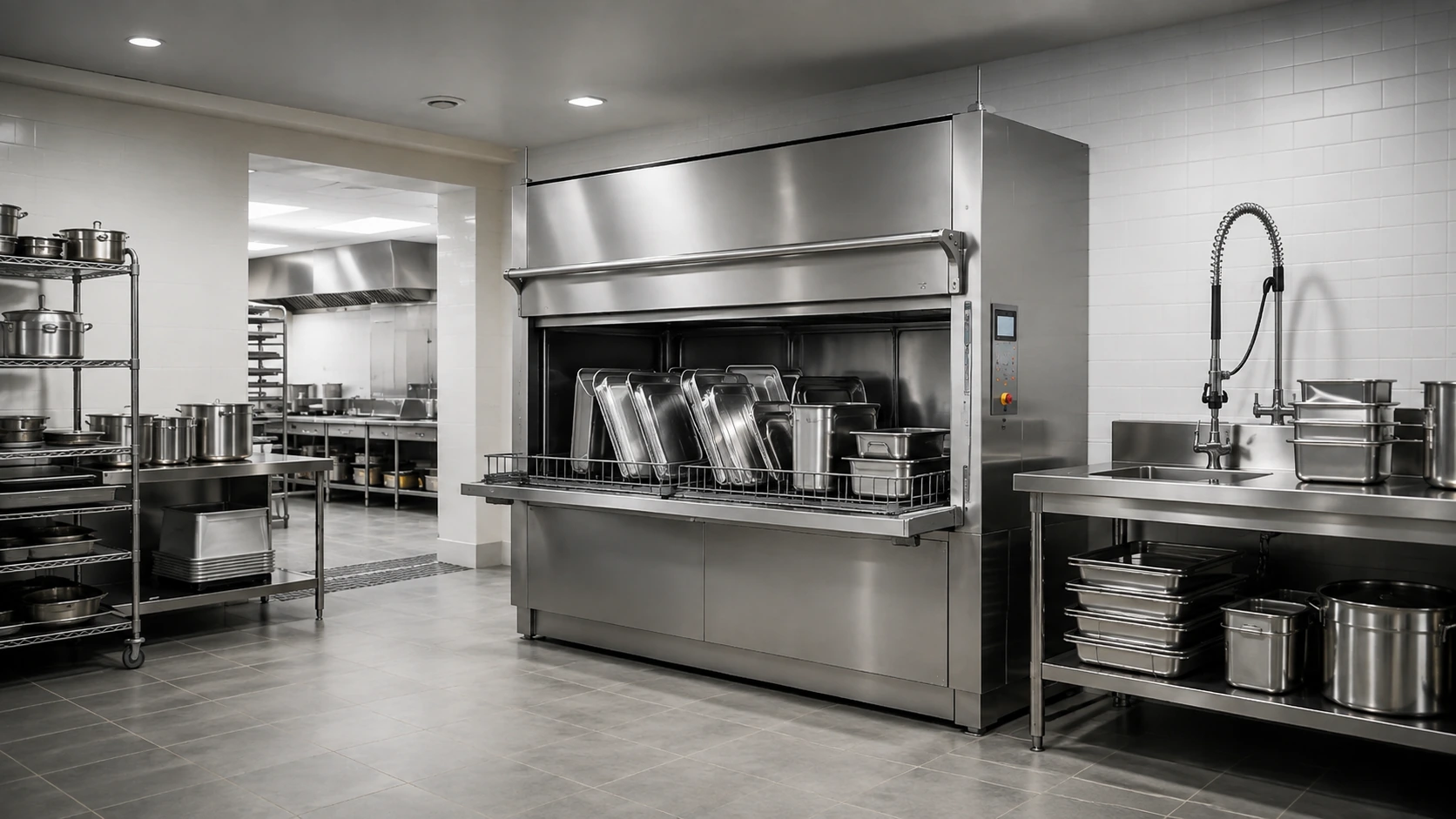 Double width commercial pot and utensil washer for multiple trays containers and large cookware