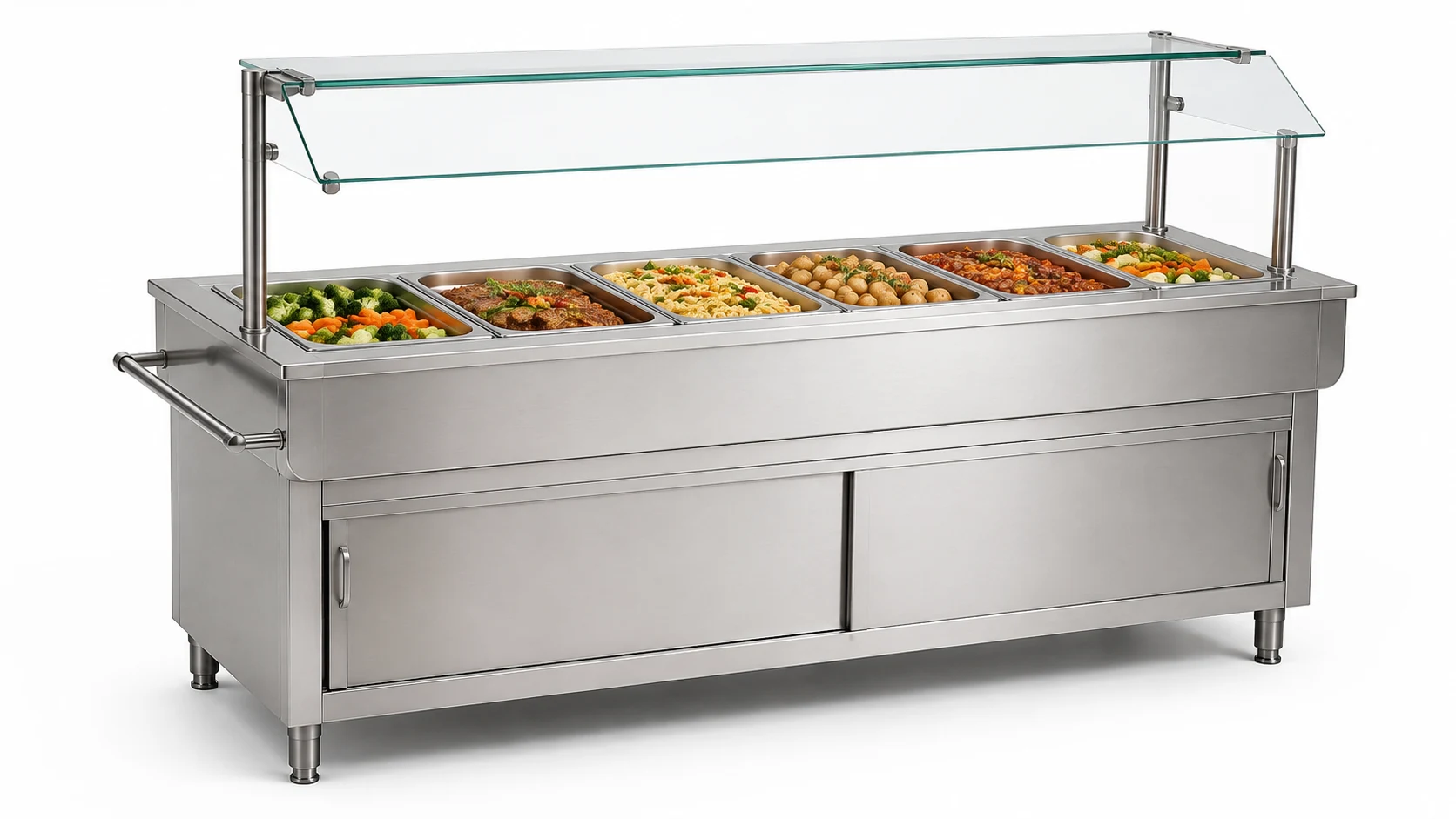 floor-standing bain marie serving counter with lower cabinet and glass guard