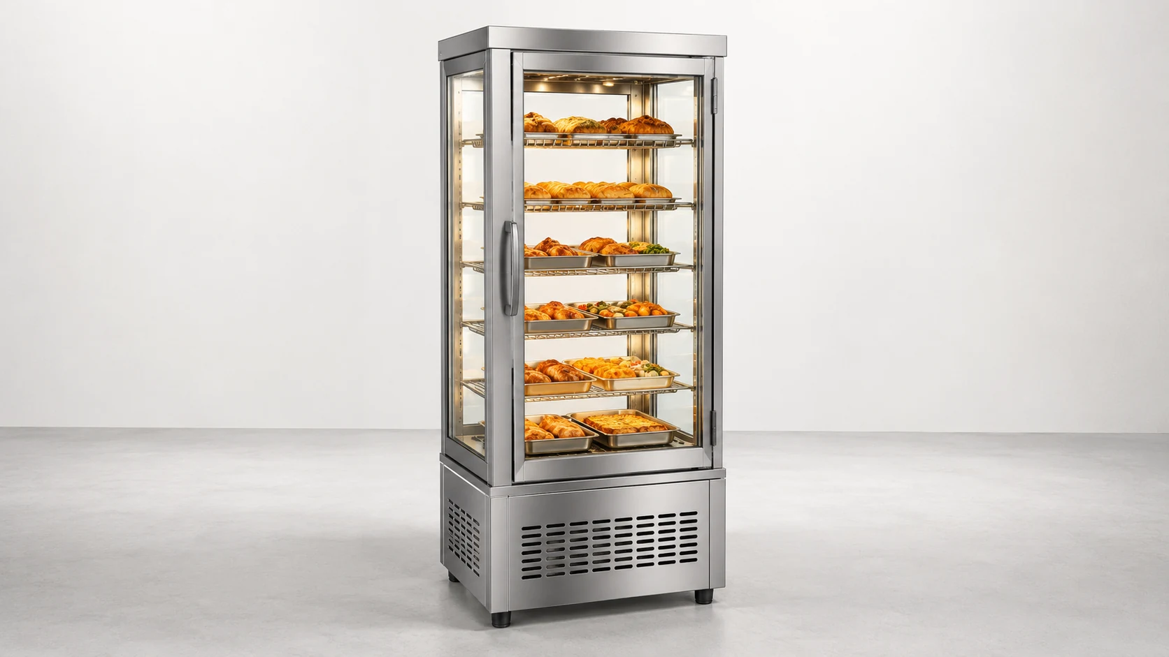 floor-standing commercial heated display cabinet with multiple shelves