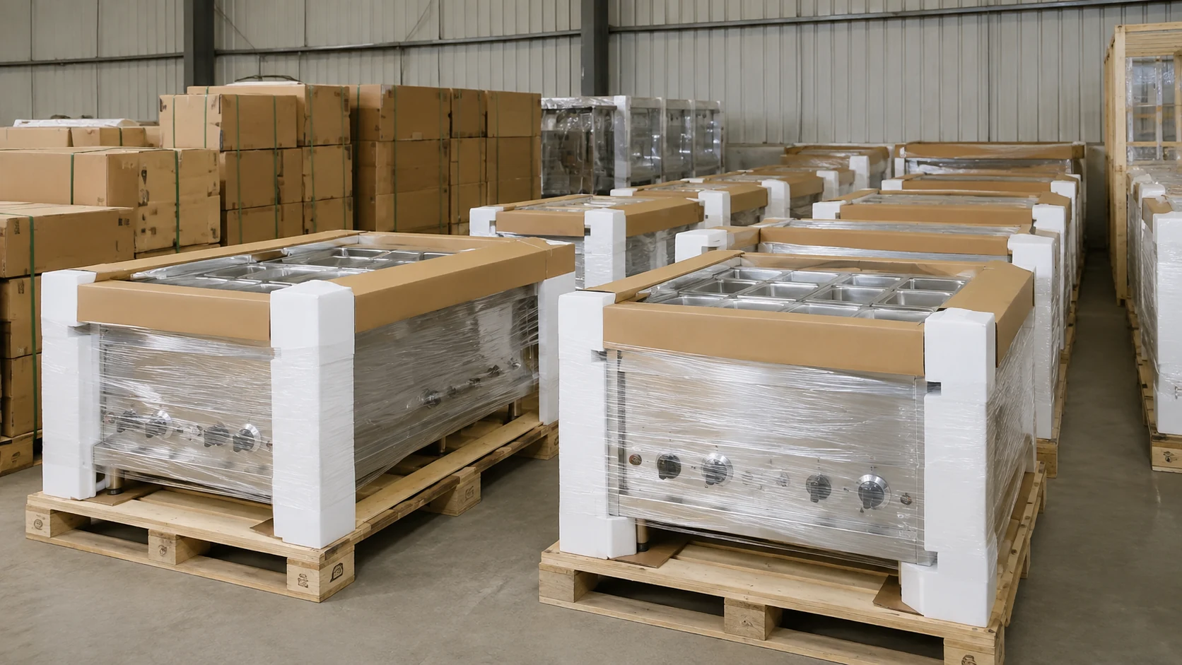 commercial food warmers and bain maries protected for export packing