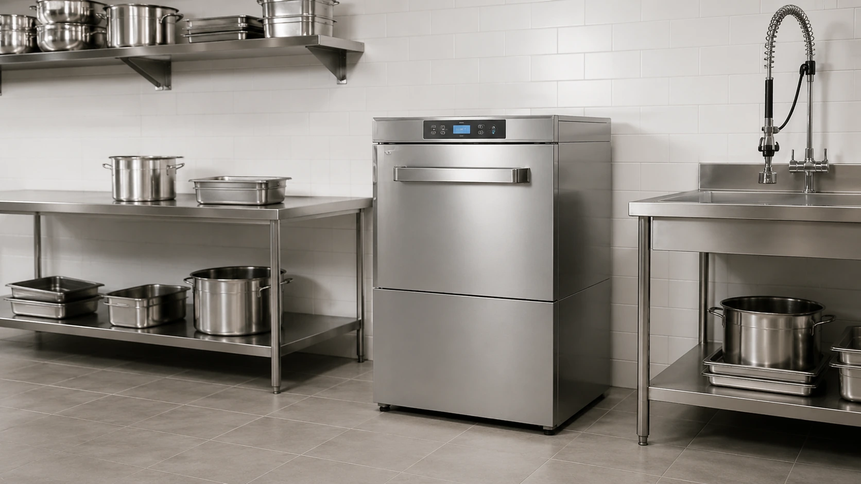 Commercial Pot and Utensil Washers including a compact front loading stainless steel pot washer