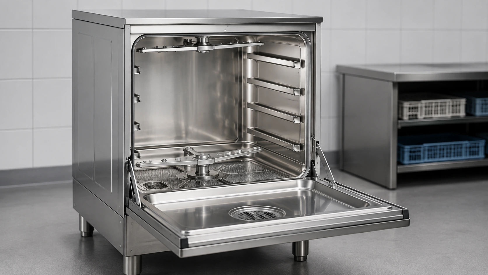 Open commercial glass washer showing stainless steel chamber spray arms filters and rack guides