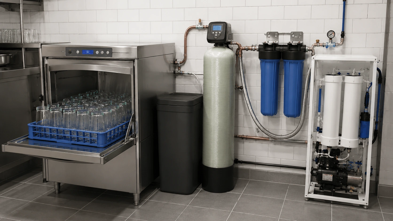 Commercial glass washer connected to water softener filtration and reverse osmosis treatment equipment