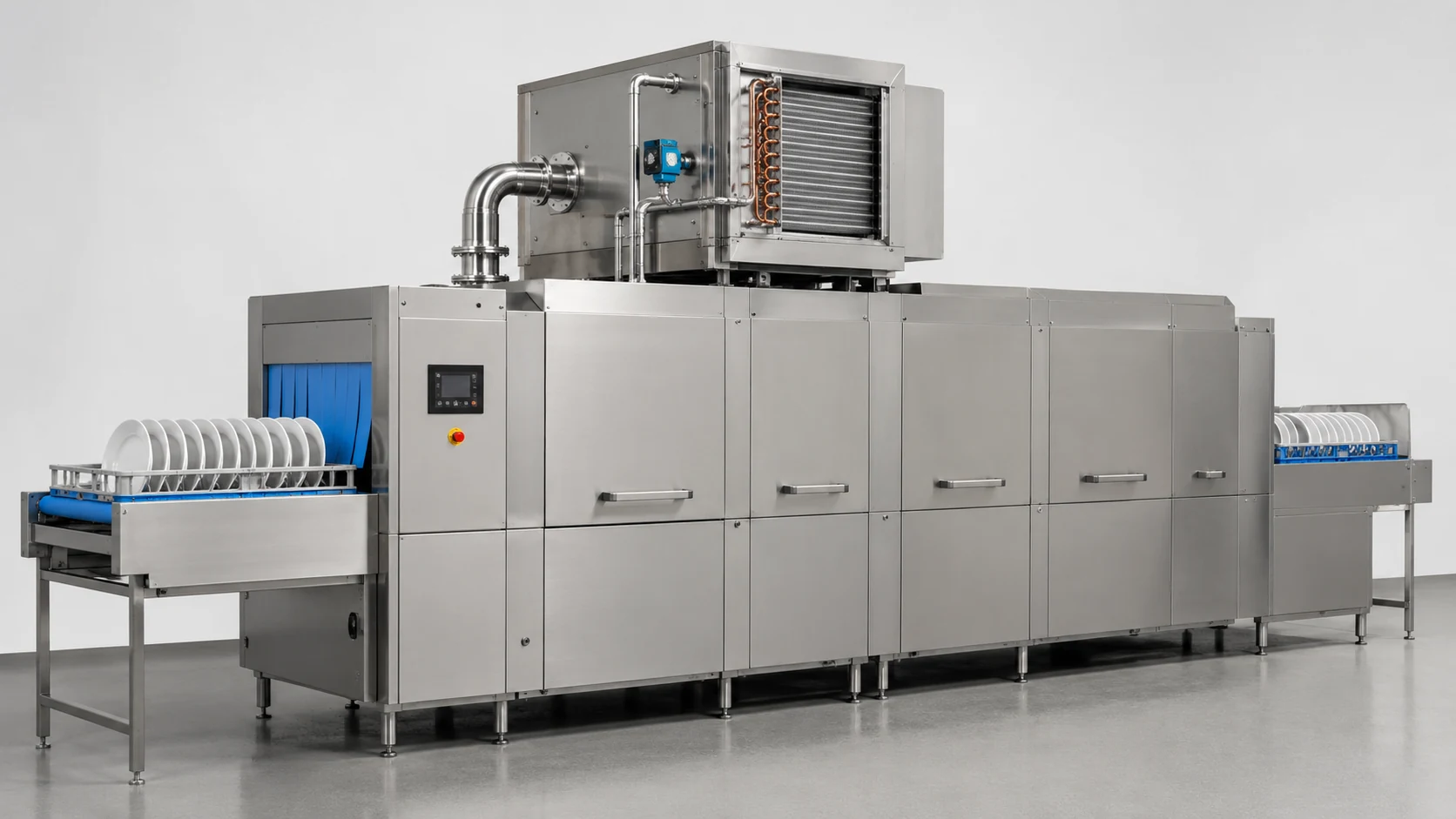commercial conveyor dishwasher with upper heat recovery and steam condensation module