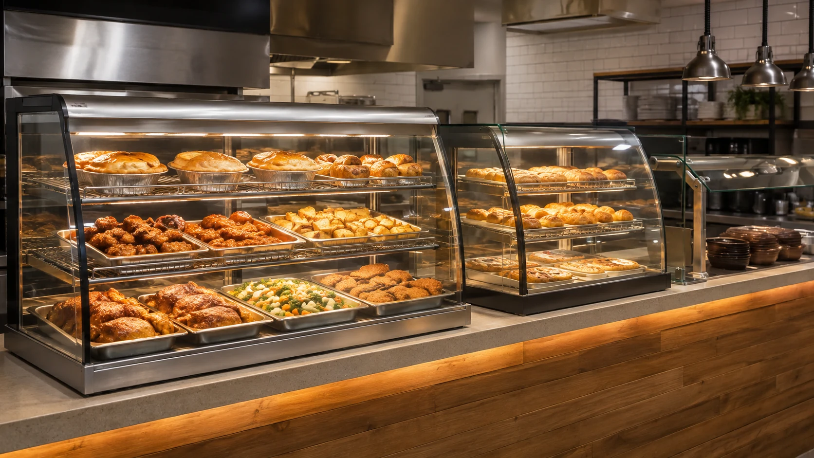 heated food display cabinets installed in a restaurant service counter