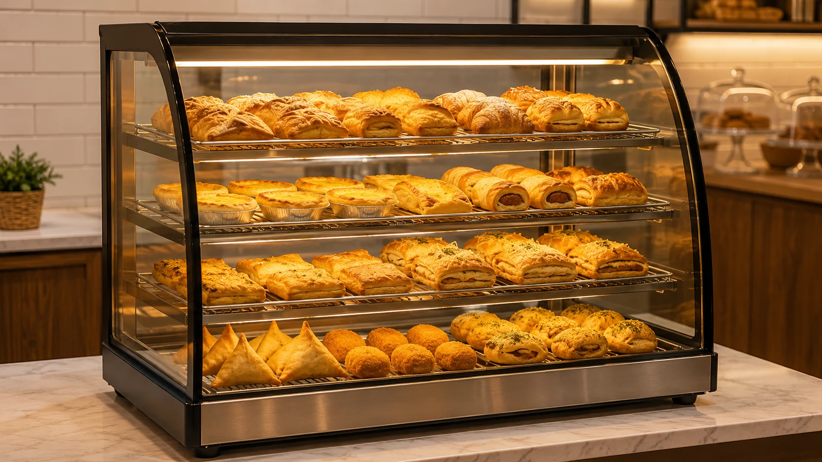 heated pastry display cabinet with warm lighting