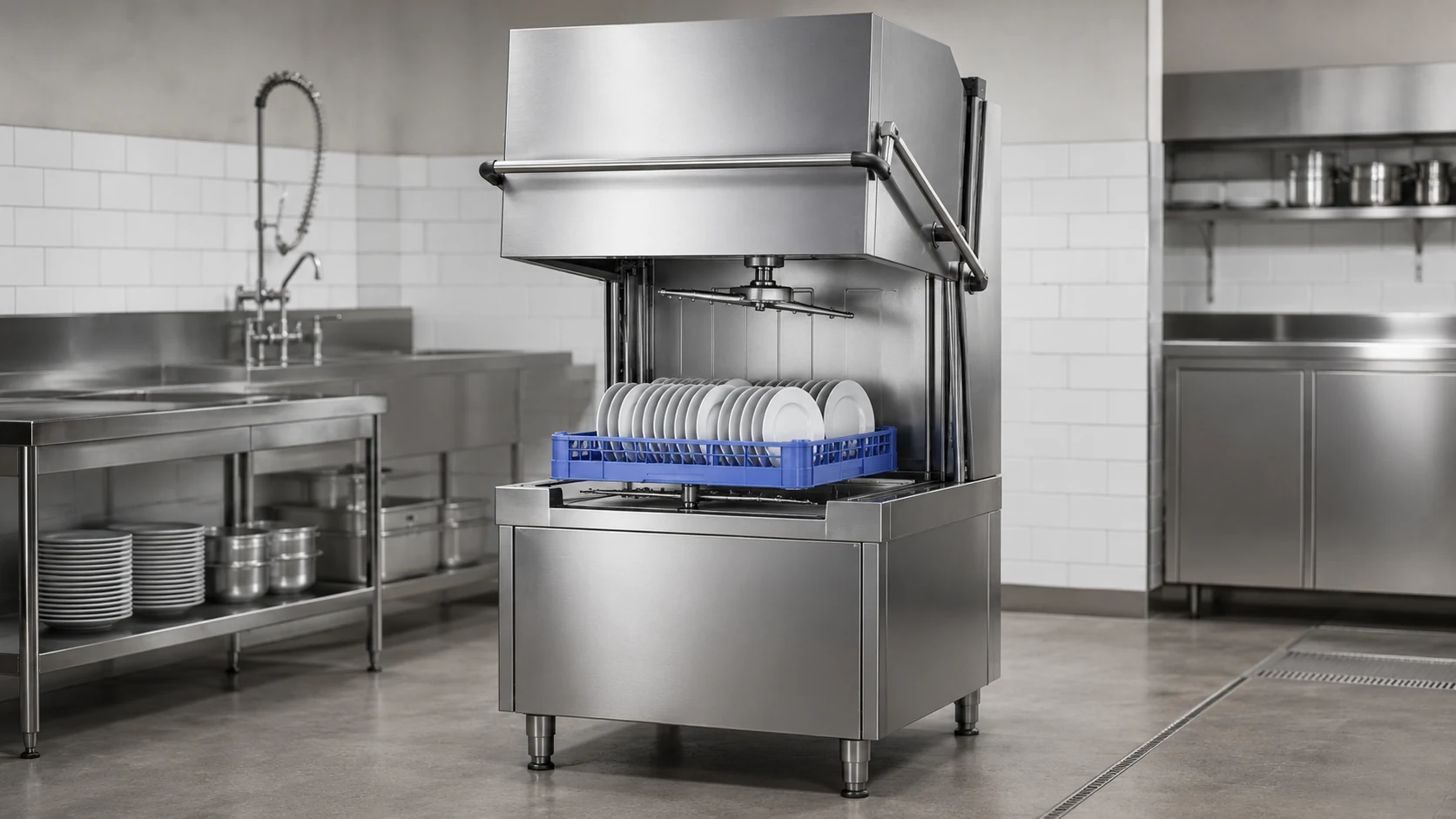 open commercial hood type dishwasher chamber with dish rack upper and lower spray arms