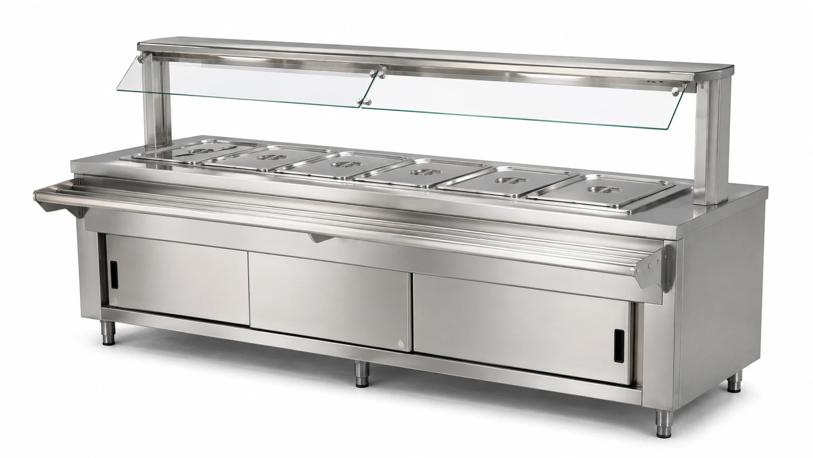 hot buffet serving counter with GN pans sneeze guard and tray slide