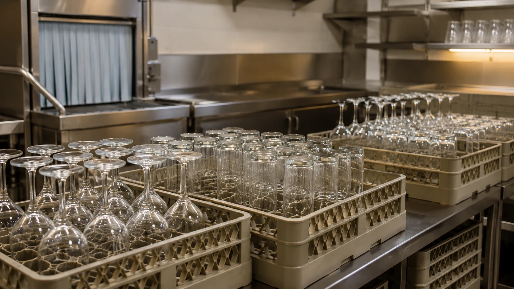 Hotel banquet commercial glass washer operation with clean glass racks ready for service