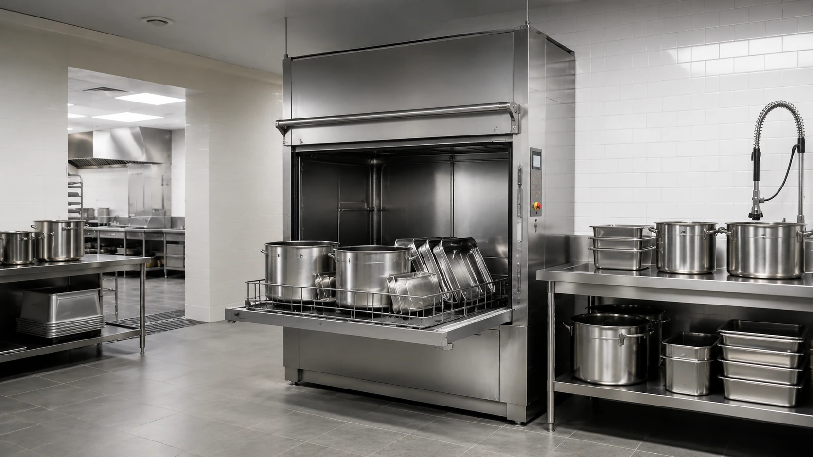 Large chamber commercial utensil washer loaded with stock pots and gastronorm containers