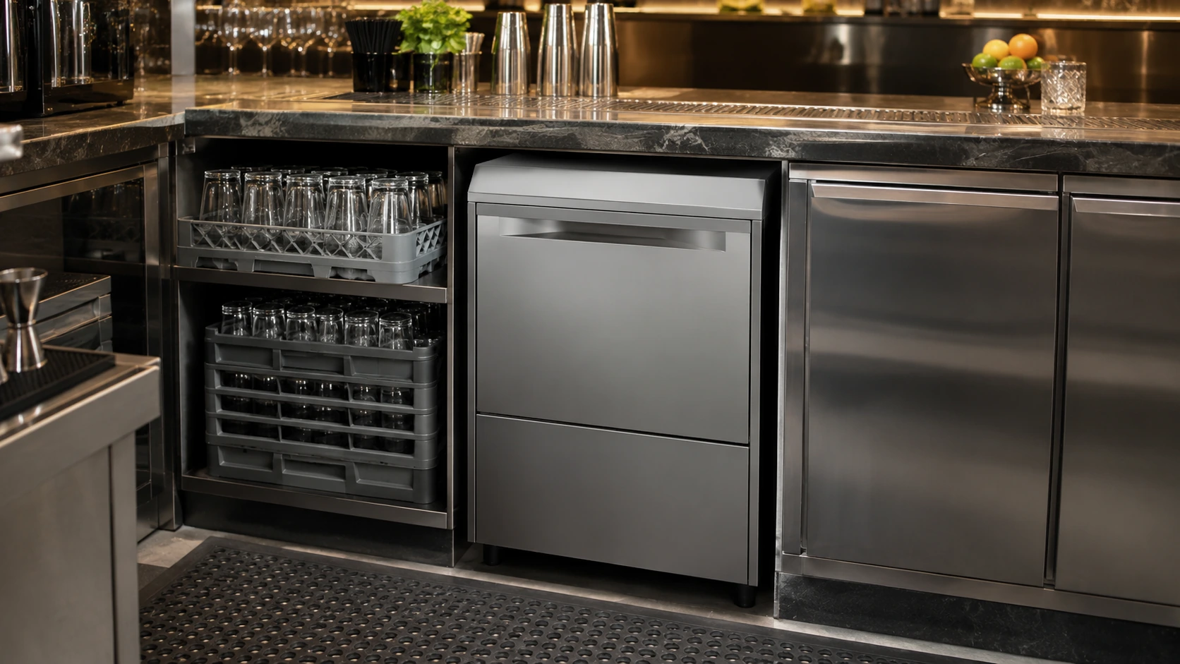 Low profile commercial glass washer installed beneath a stainless steel bar counter