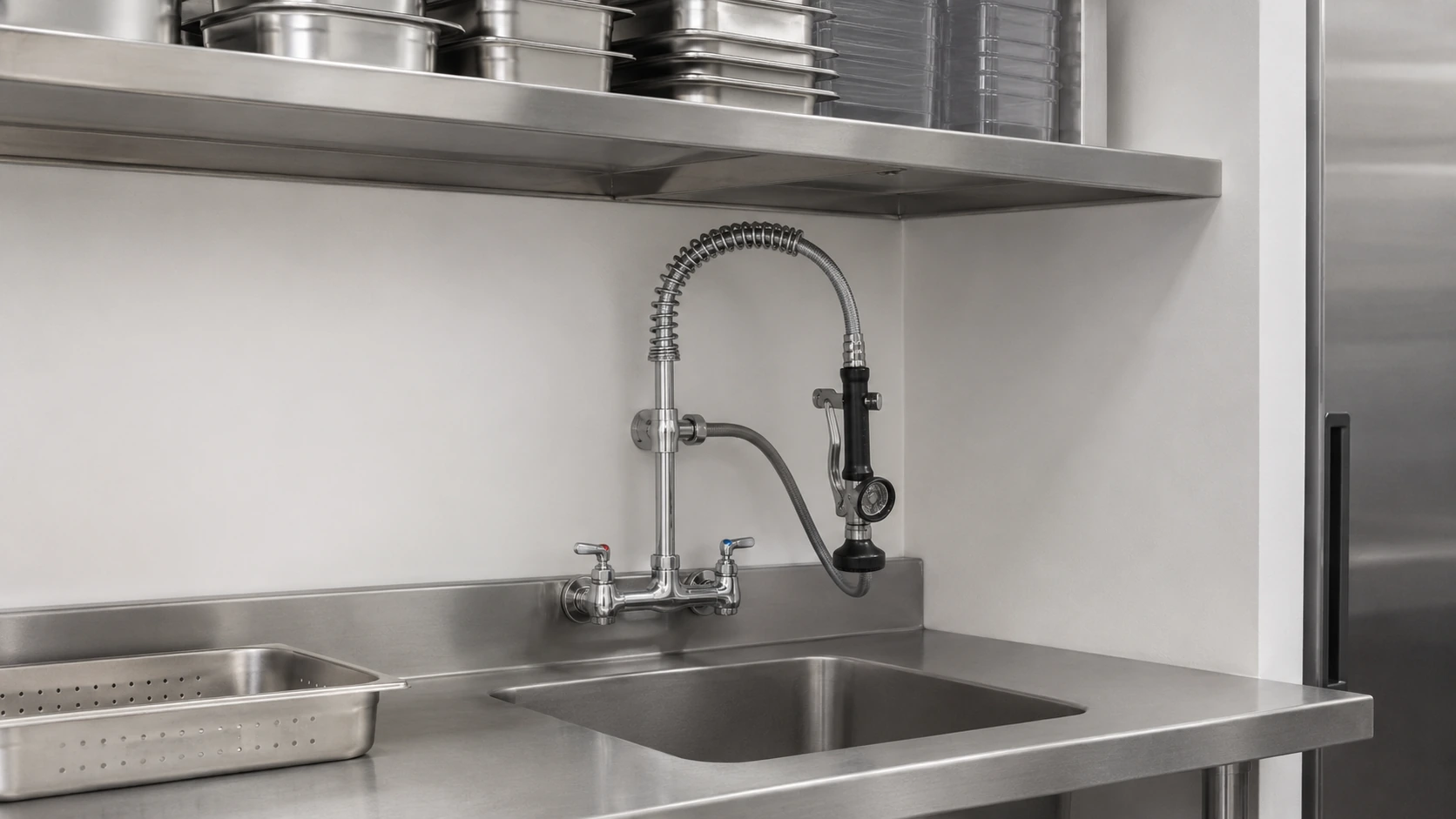 Low profile commercial pre-rinse unit installed beneath an overhead shelf