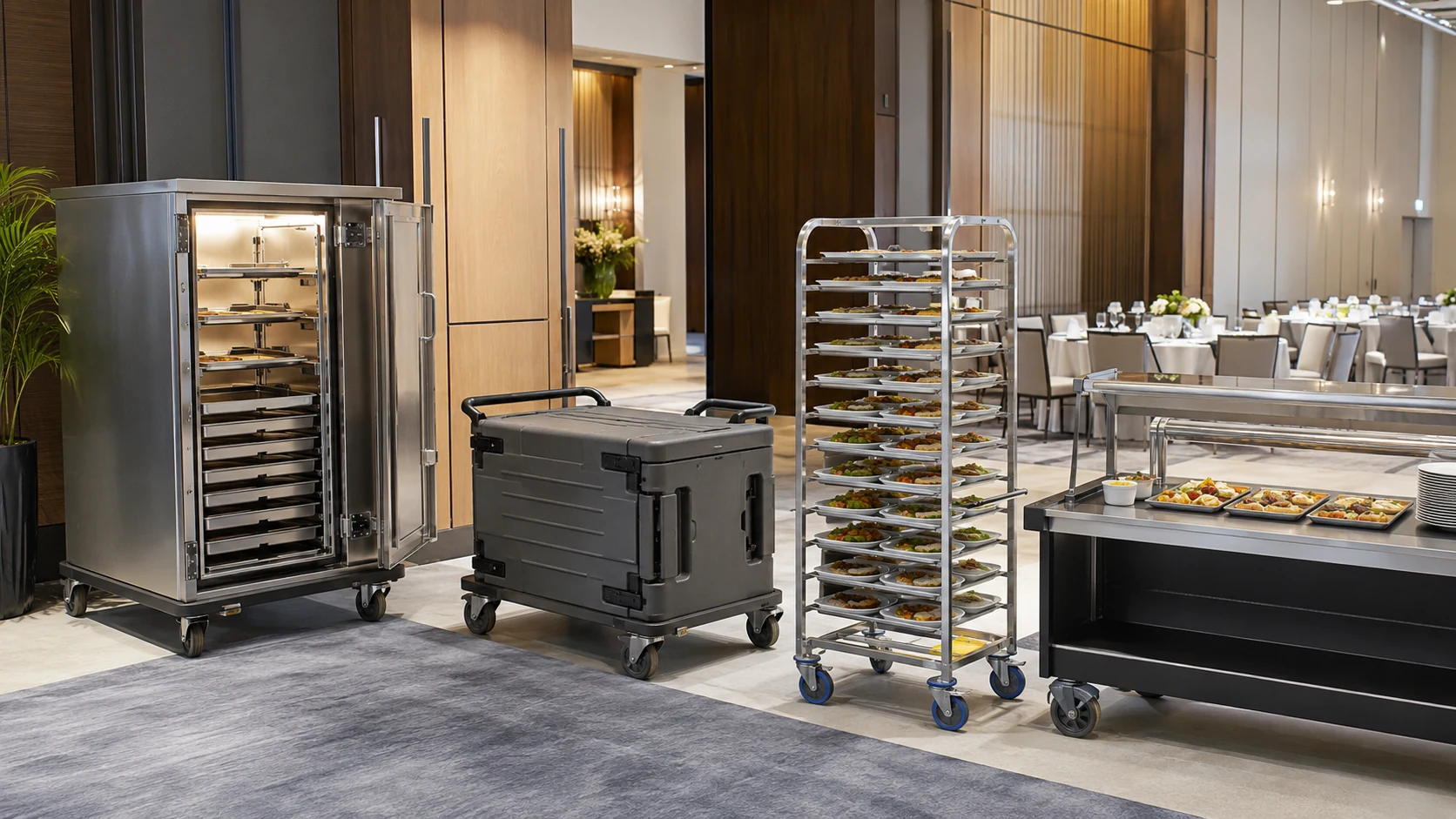 commercial mobile catering equipment used in a hotel banquet operation