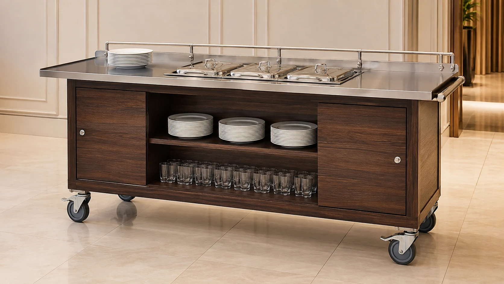 mobile serving station with worktop storage cabinets shelves and castors