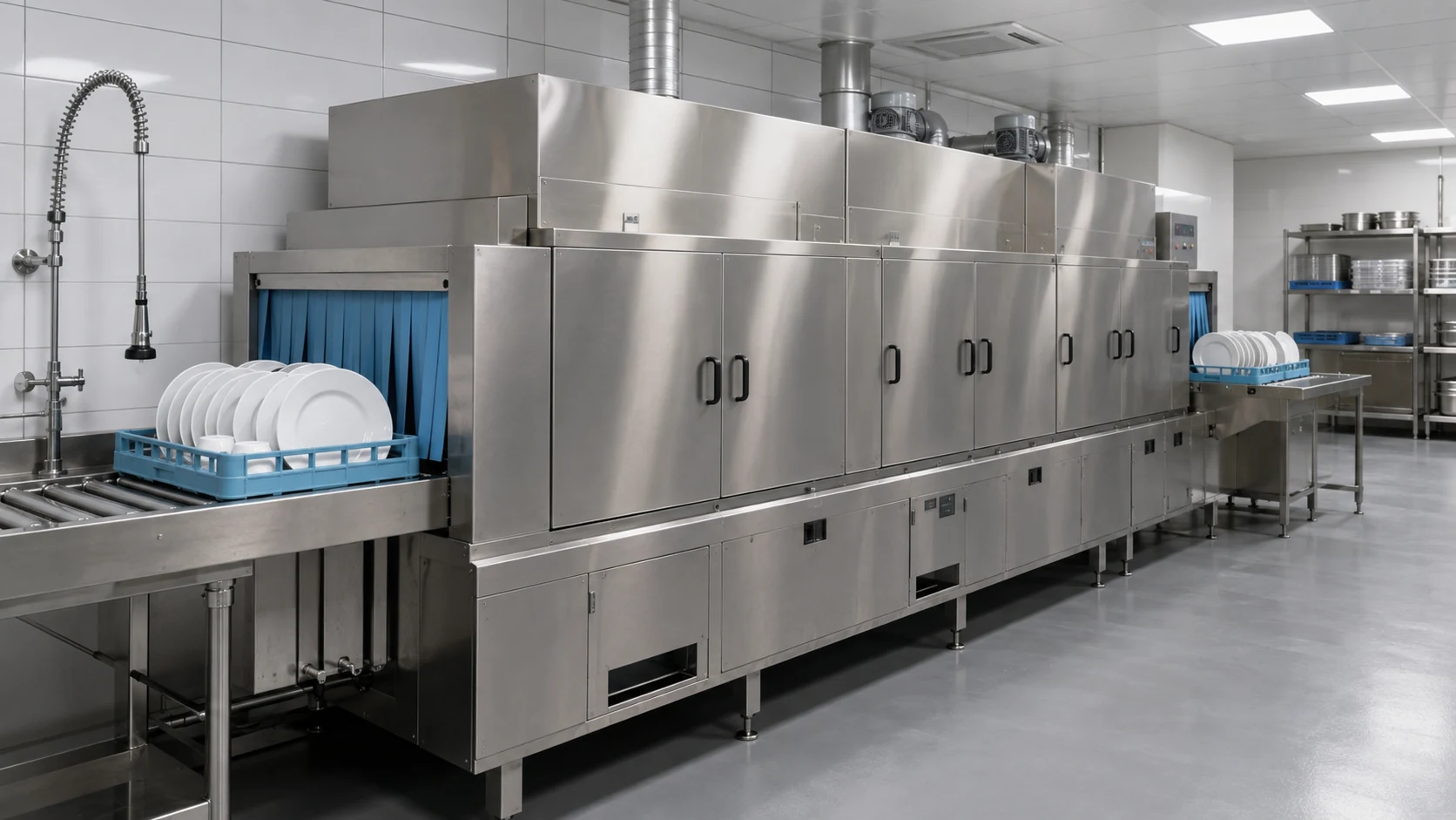 long multi-tank commercial conveyor dishwasher with several connected washing sections