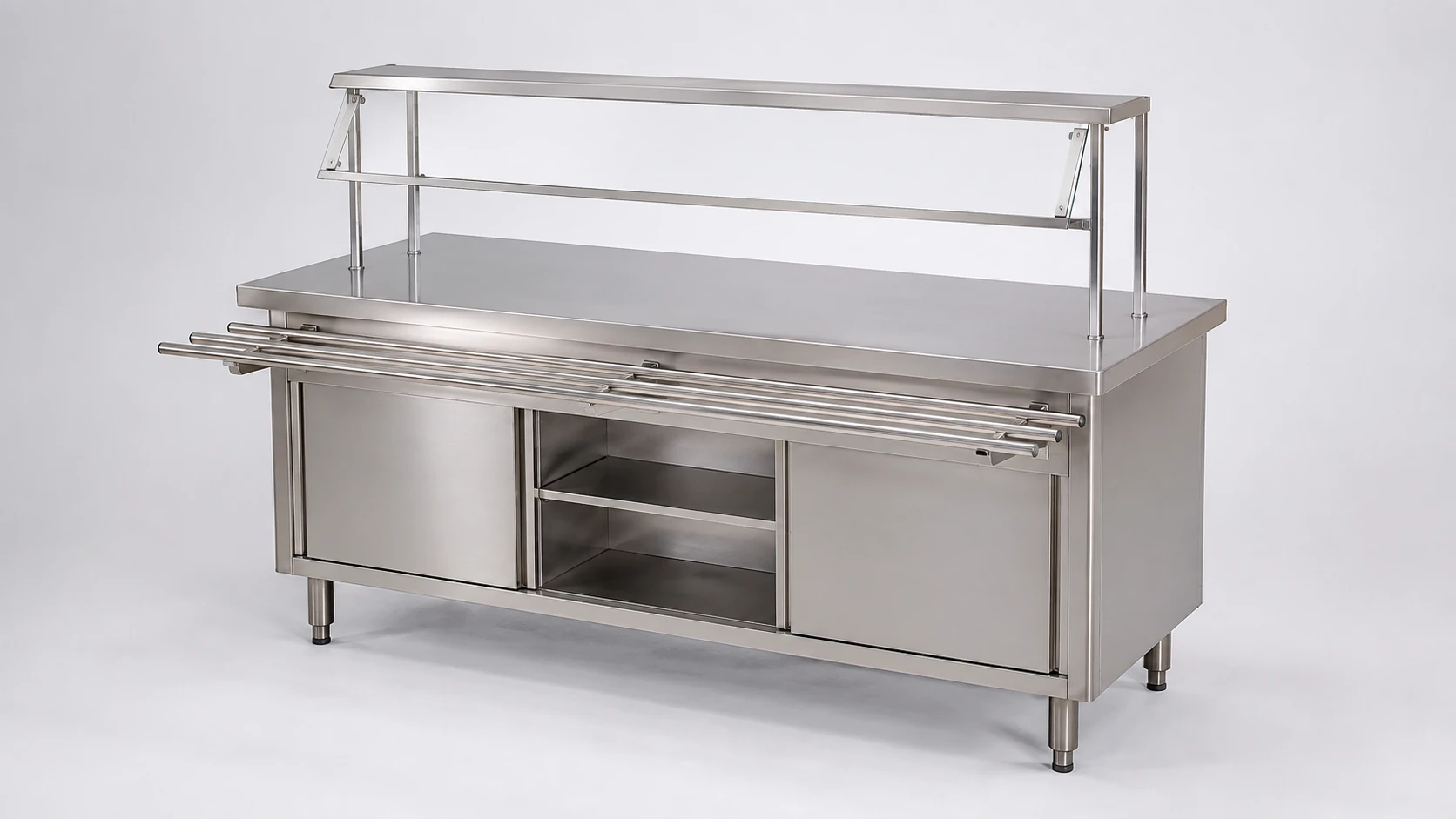 neutral stainless steel serving counter with sneeze guard and tray rail