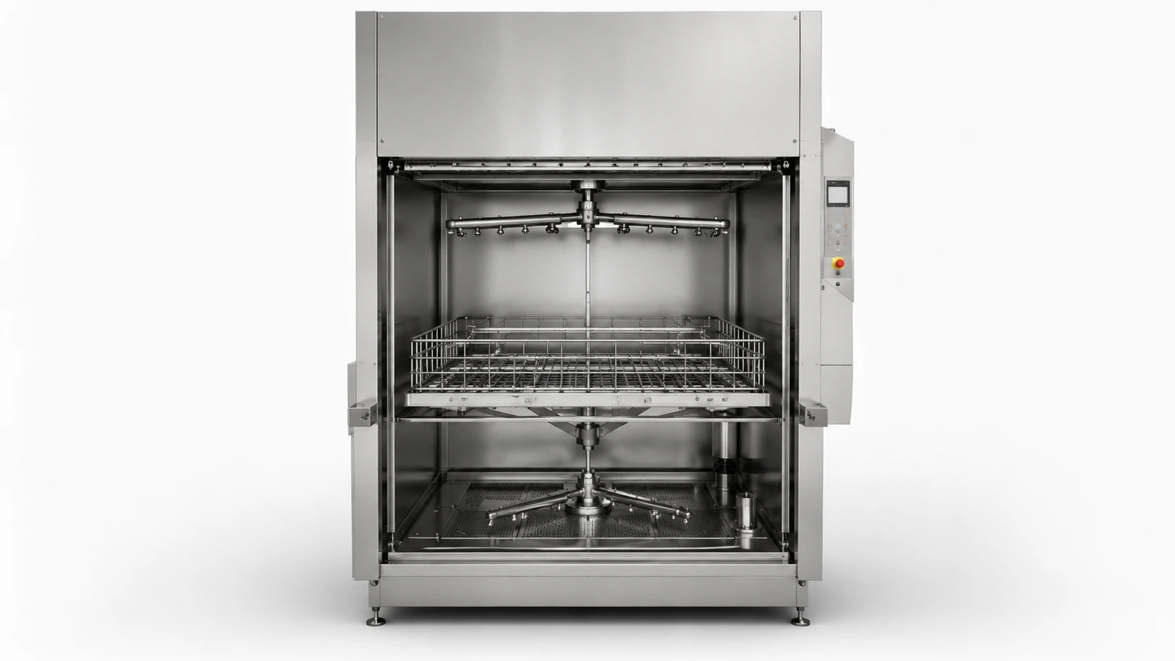 Commercial pot washer internal spray system showing upper and lower spray arms filters and large basket