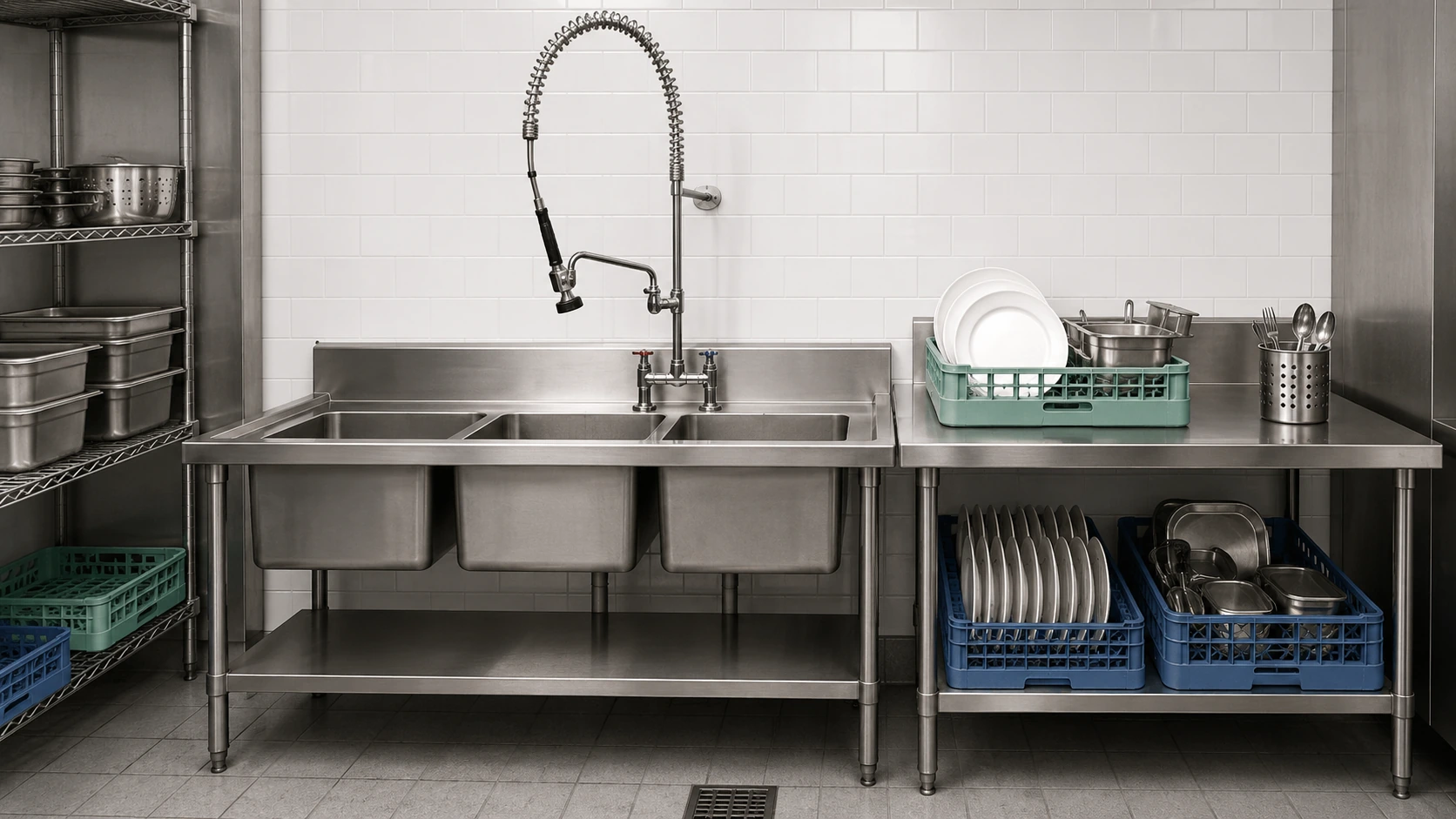 Commercial pre-rinse unit integrated with a three compartment stainless steel sink dish table and dish racks