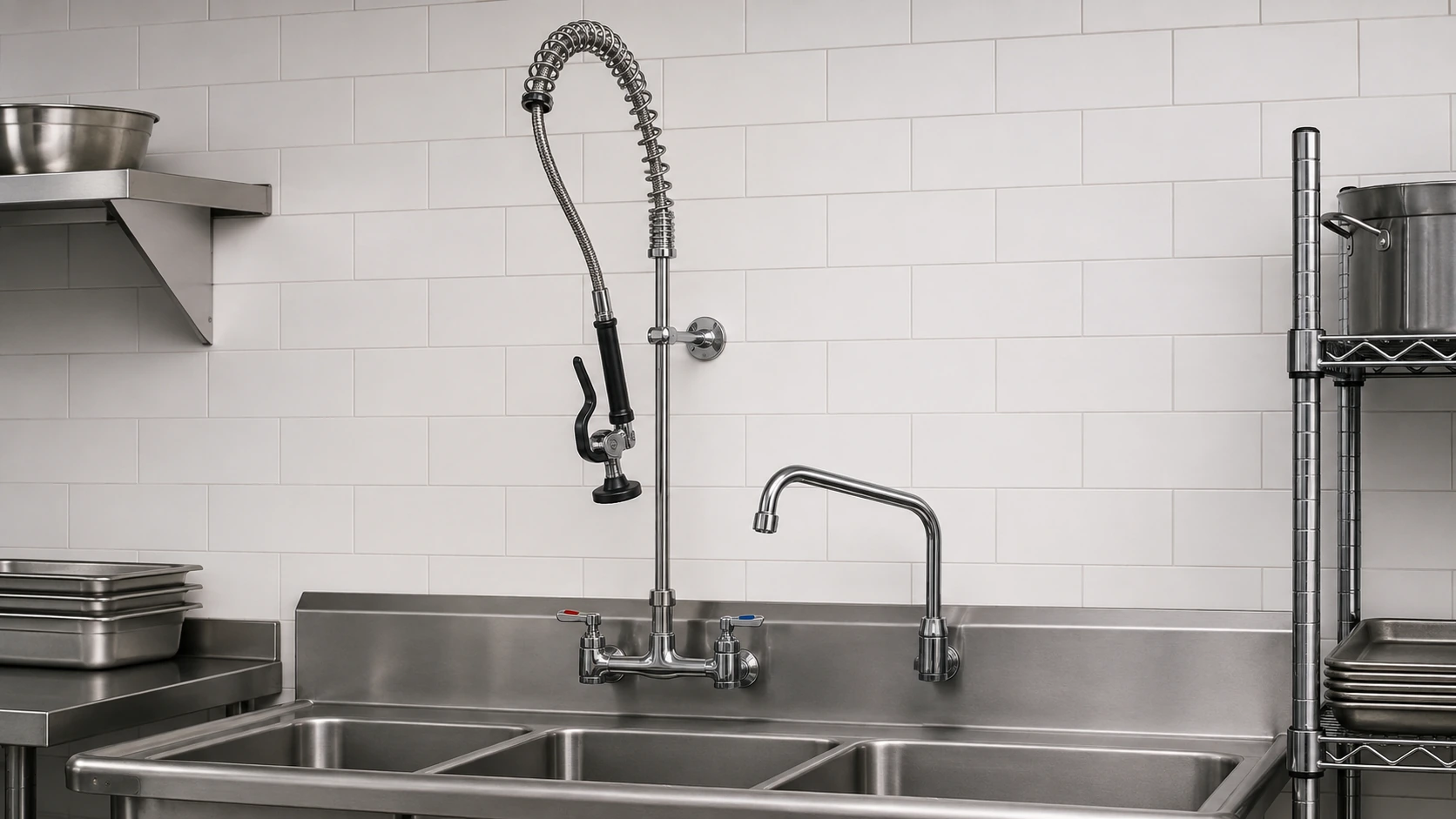 Commercial pre-rinse unit with add-on swing faucet above a three compartment sink