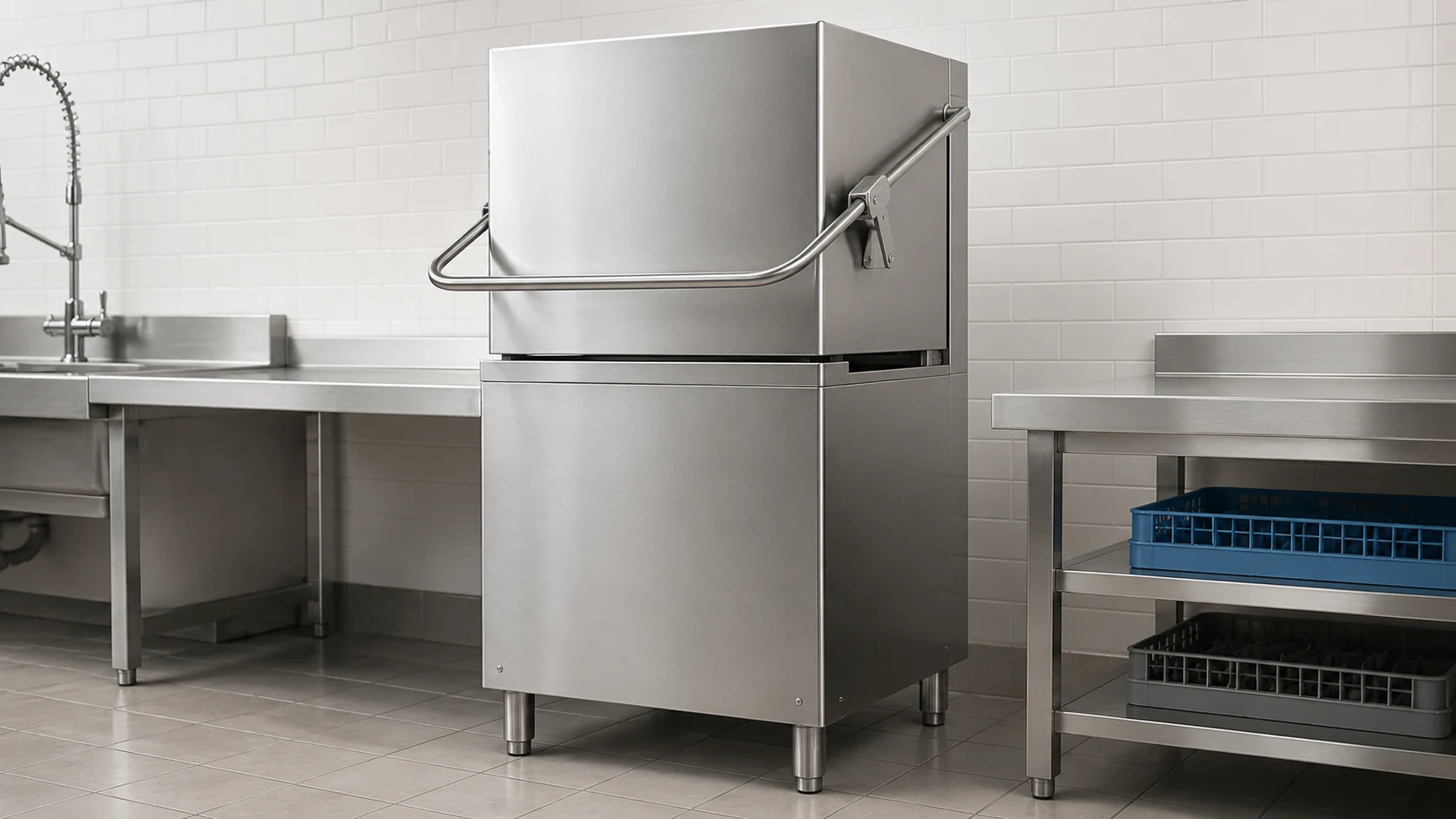 standard commercial hood type dishwasher with closed stainless steel hood