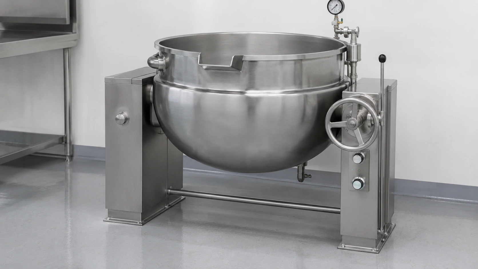 Commercial steam-jacketed kettle for central kitchen batch cooking