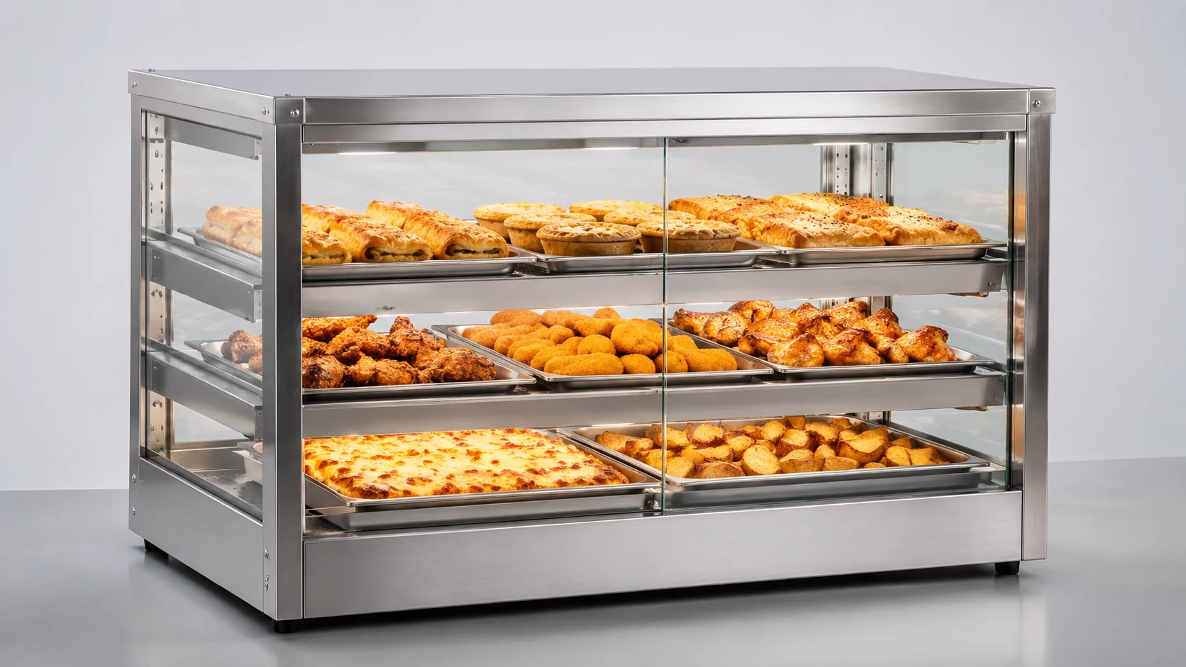 straight-glass commercial heated display cabinet with food trays