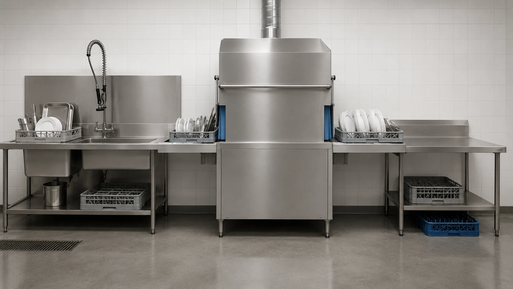 straight-line commercial hood type dishwasher system with inlet and outlet dish tables