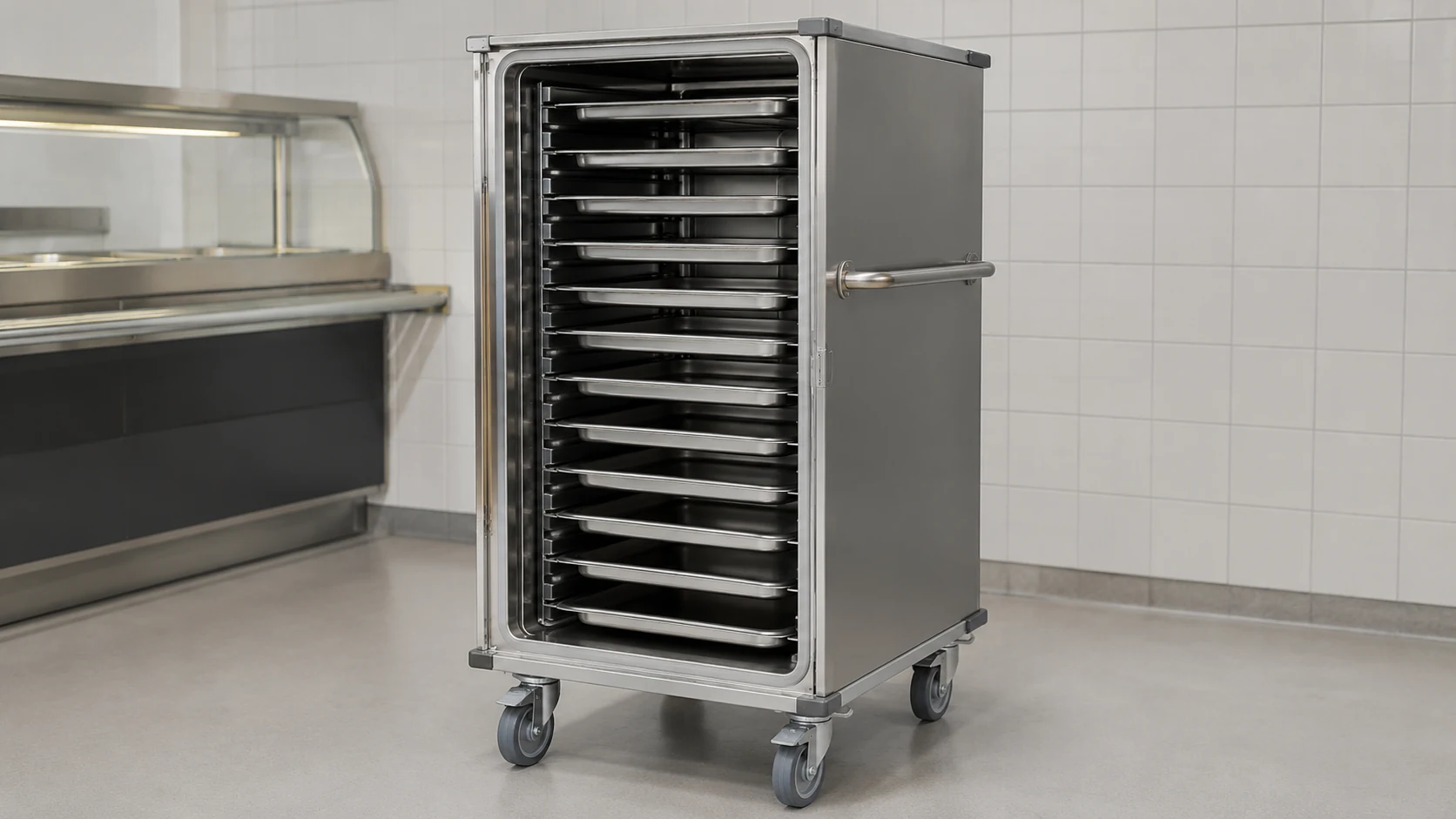 commercial tray delivery trolley with multiple internal tray rails