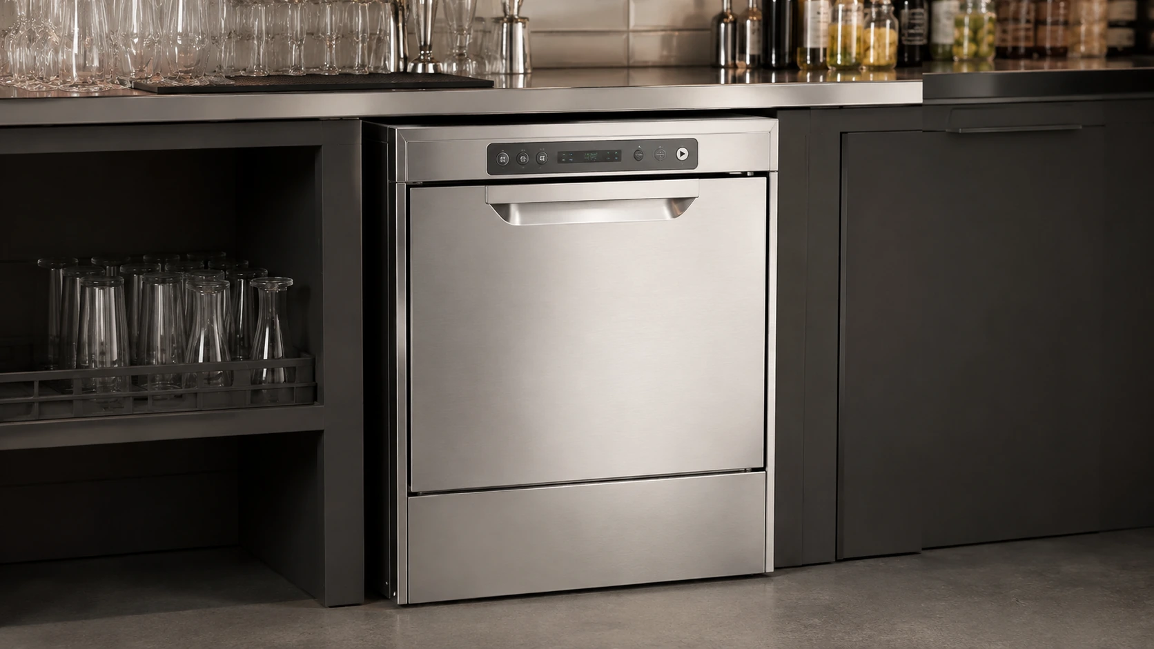 Commercial glass washers including a stainless steel undercounter glass washer for bar installation