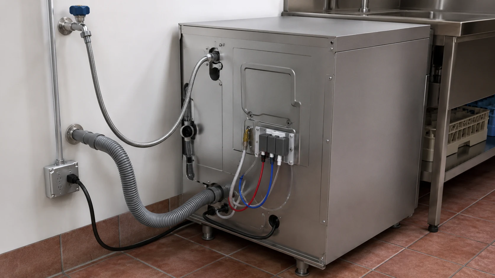 commercial undercounter dishwasher water drain power and chemical utility connections