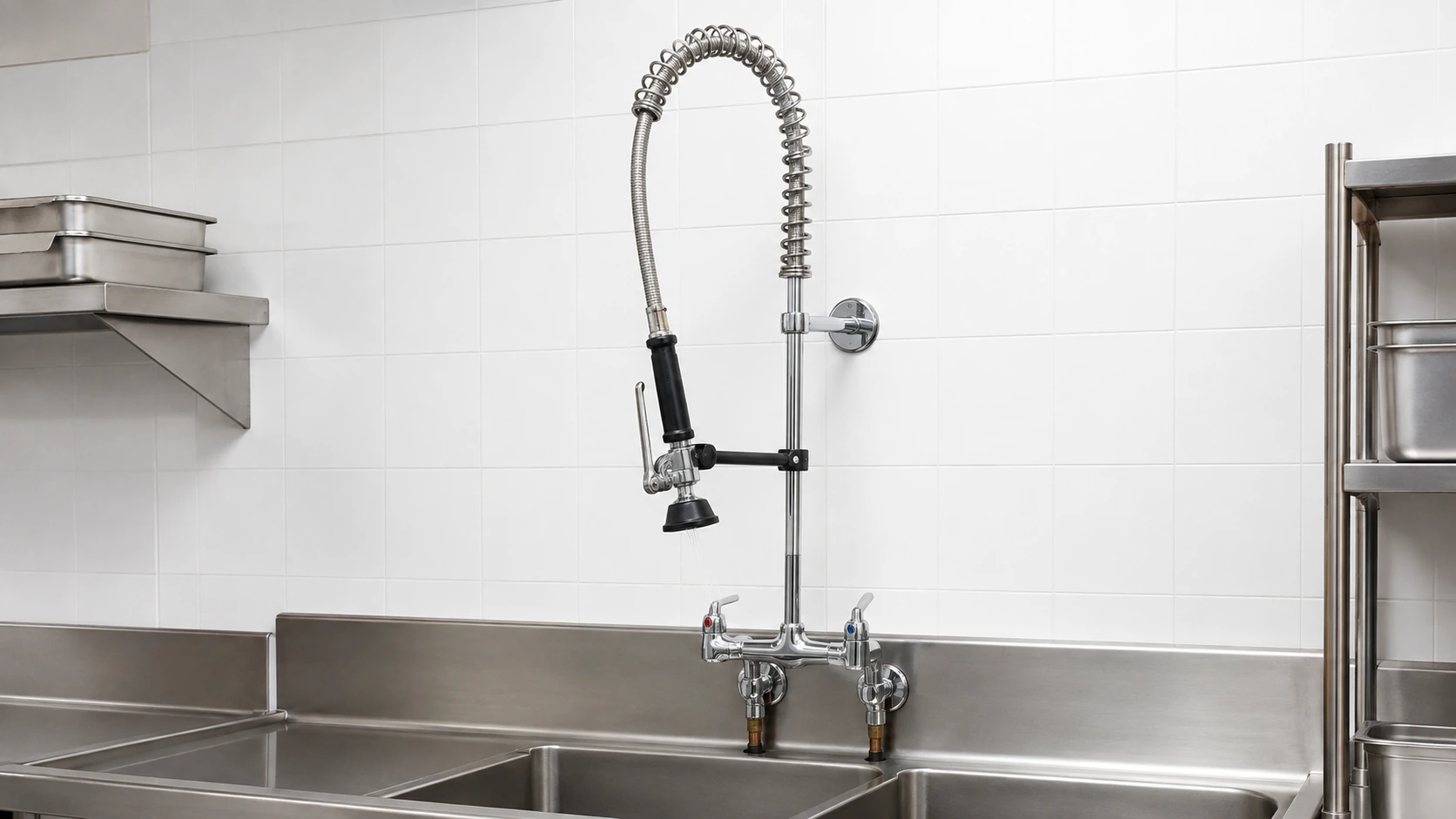 Commercial Pre-Rinse Units including a wall mounted pre-rinse spray assembly above a stainless steel sink